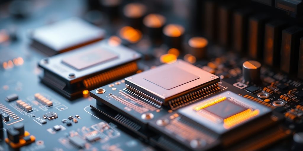 Close-up computer chips on circuit board.