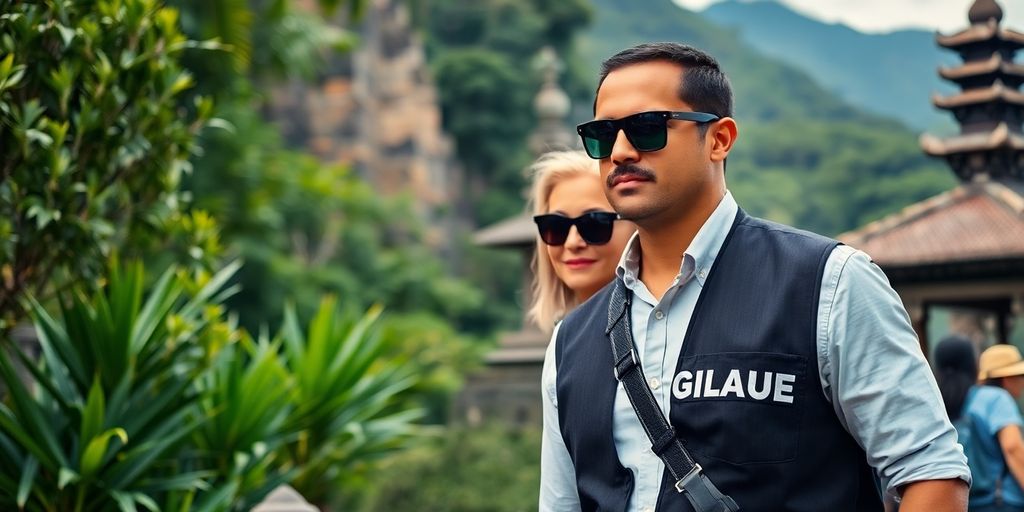 Bodyguard protecting a tourist in Bali's scenic landscape.