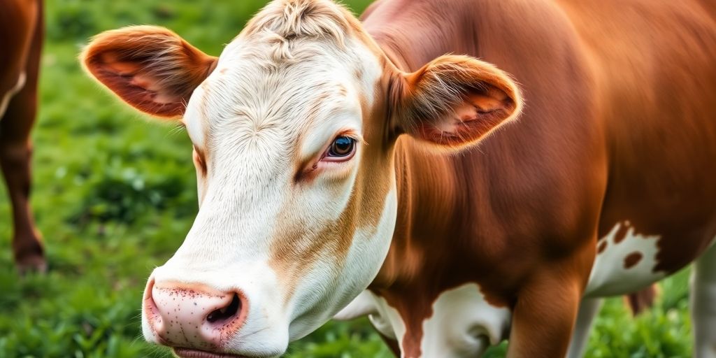 Close-up of a healthy cow in a green pasture.