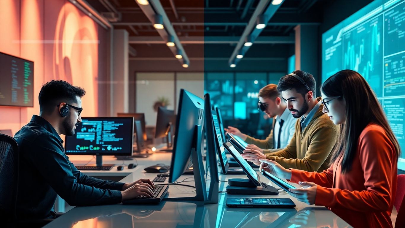 Developers coding and professionals using digital tools side by side