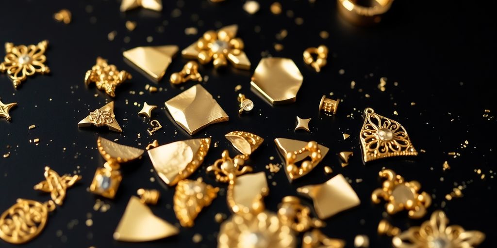 Bijoux en or cassé sur une surface sombre.