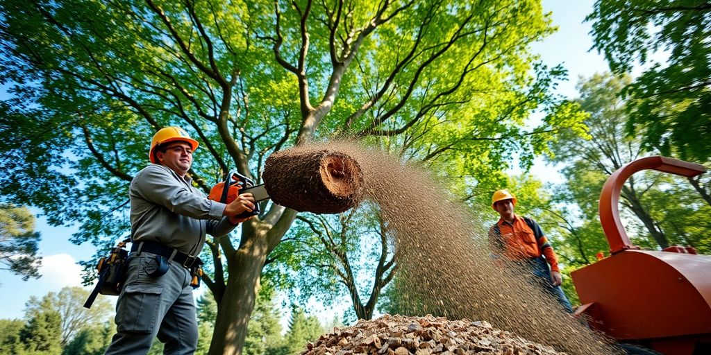 Tree removal with arborist and equipment.