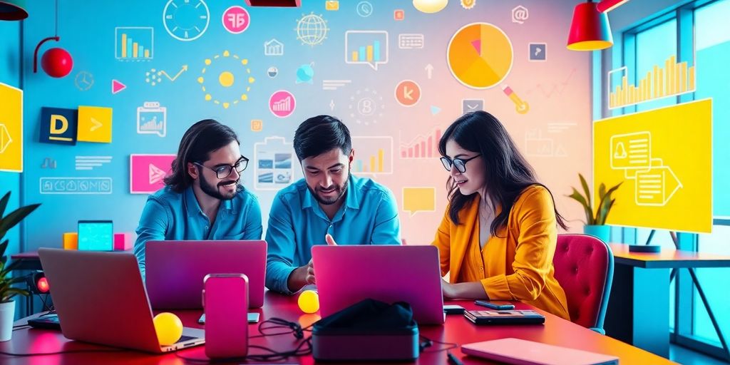 Modern workspace with digital marketing tools and collaboration.