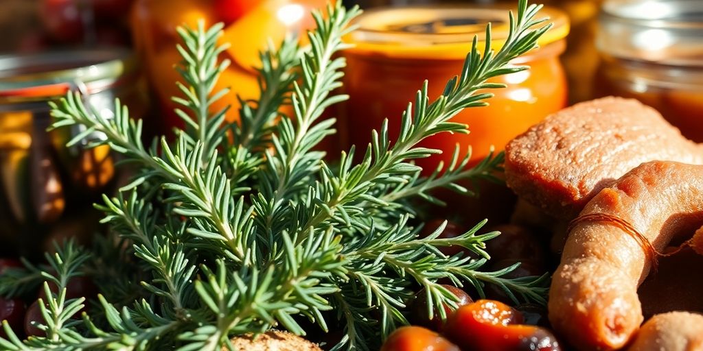 Rosemary sprigs and preserved food items.