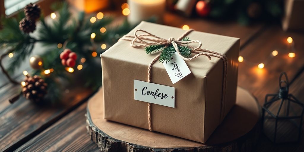 Personalized gift box surrounded by Christmas decorations.