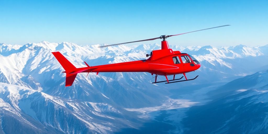 A red helicopter flies over vast snowy Alaskan mountain peaks.