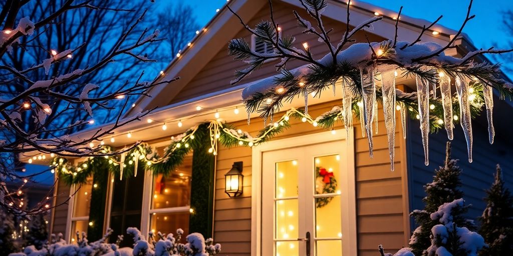 Snow-covered house roof lined with glowing white LED string lights