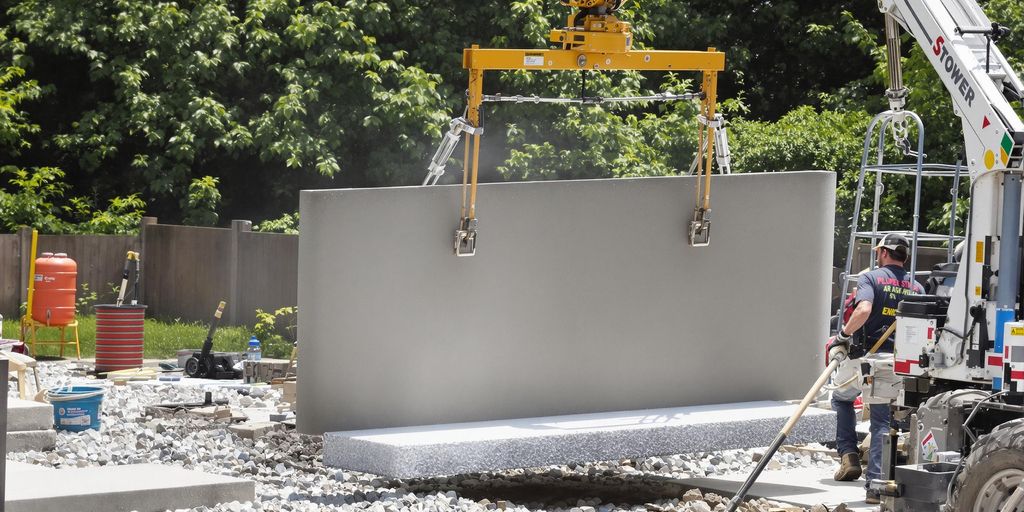 Construction worker lifting concrete slabs in a residential area.