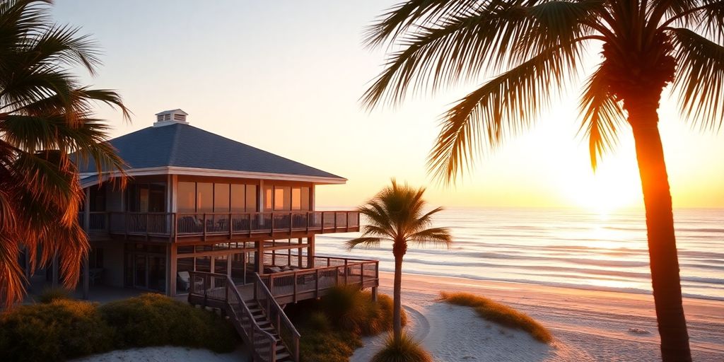 Beach house overlooking ocean at sunset.