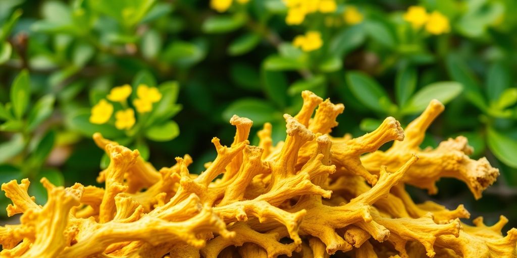 Dried rhodiola roots and flowering plant.