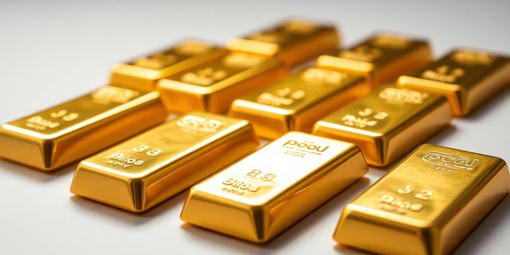 Lingotins d'or brillants sur un fond neutre.