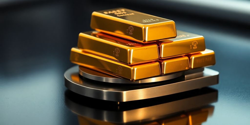 Lingots d'or empilés sur une balance de joaillier.