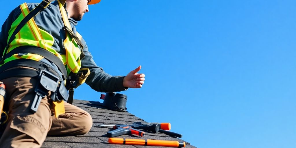 Roofer inspecting a roof with safety gear and tools.