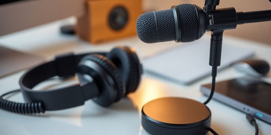 Micrófono y auriculares de podcast.