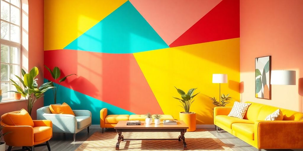 Vibrant room with bold color-blocked walls and decor.