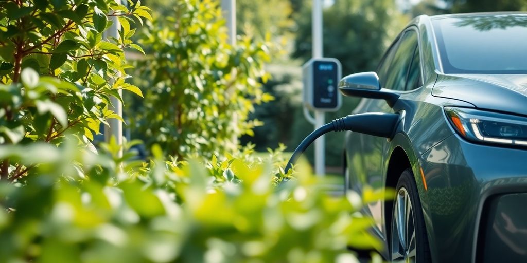 Electric vehicle charging station in a green environment.