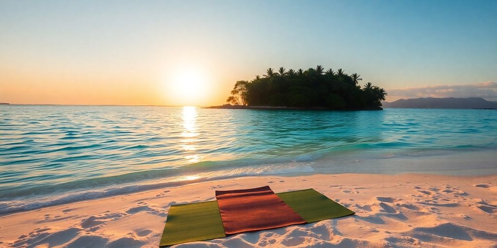 Peaceful private island setting for a wellness retreat.