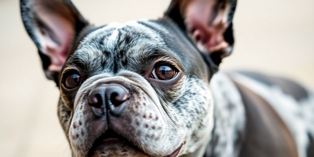 Photographic portrait of a merle French Bulldog with mottled coat.