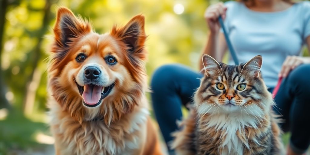 Happy dog and cat with a friendly walker.