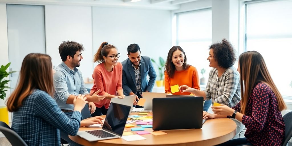 Team werkt samen in een heldere kantoorruimte.