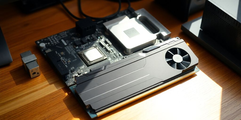 PC-Komponenten auf Tisch, fokus auf Grafikkarte