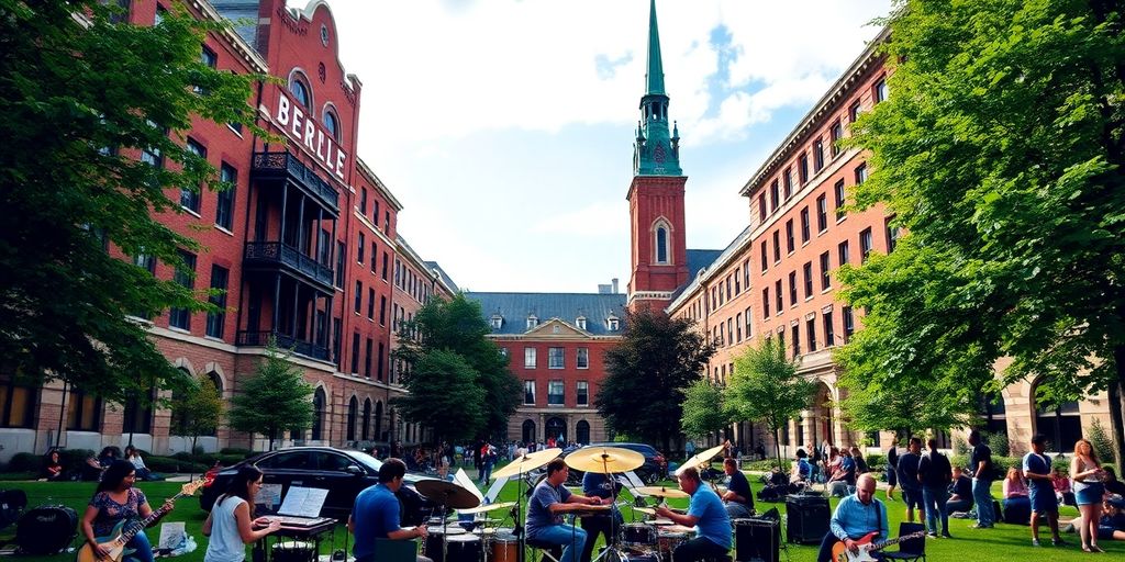 Berklee University campus with students and music activities.