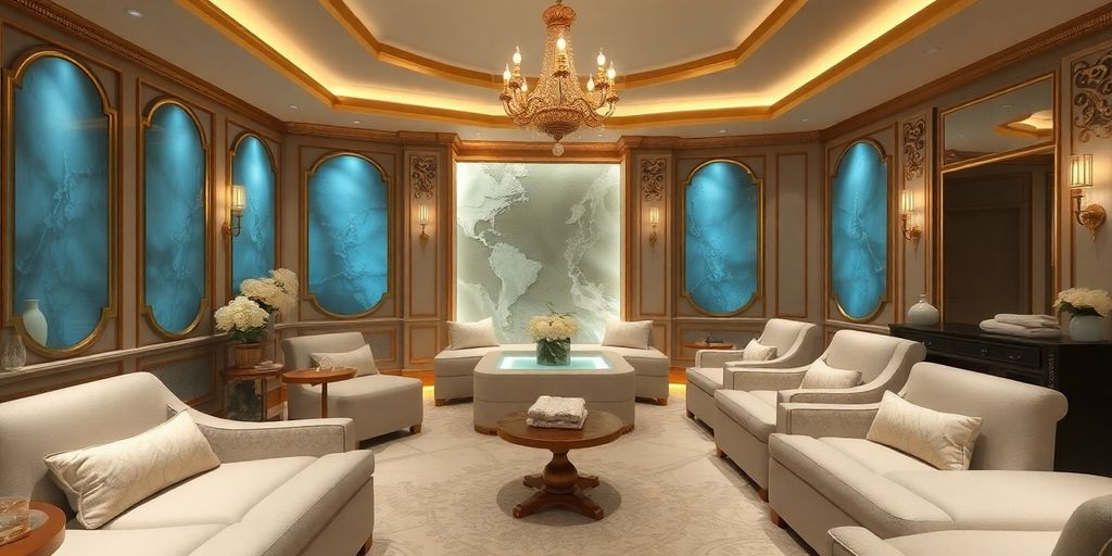 Luxurious spa ambiance with plush seating and soft lighting.