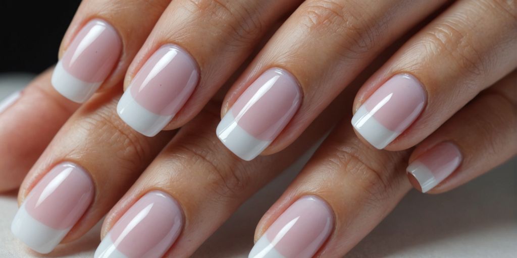 Ballerina-shaped French manicure nails close-up