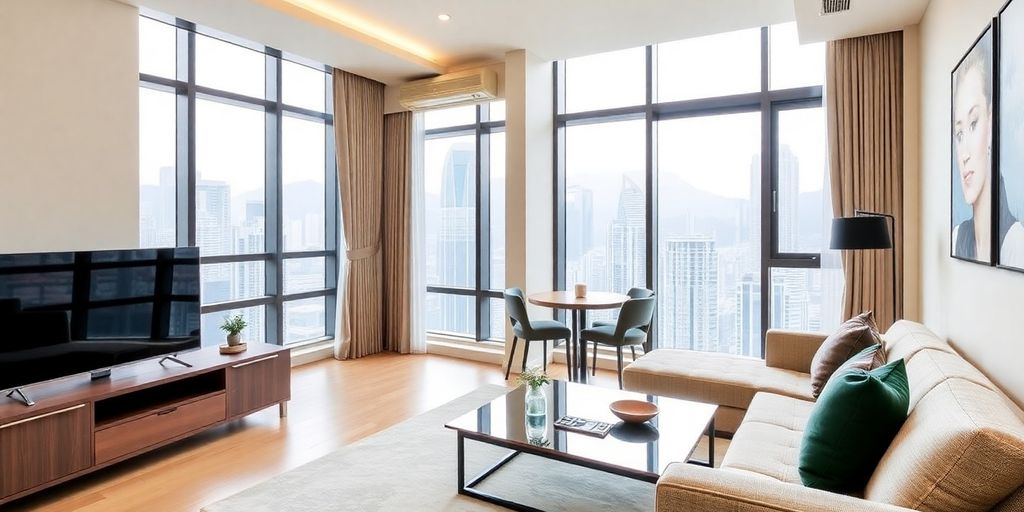 Modern serviced apartment interior in Hong Kong.