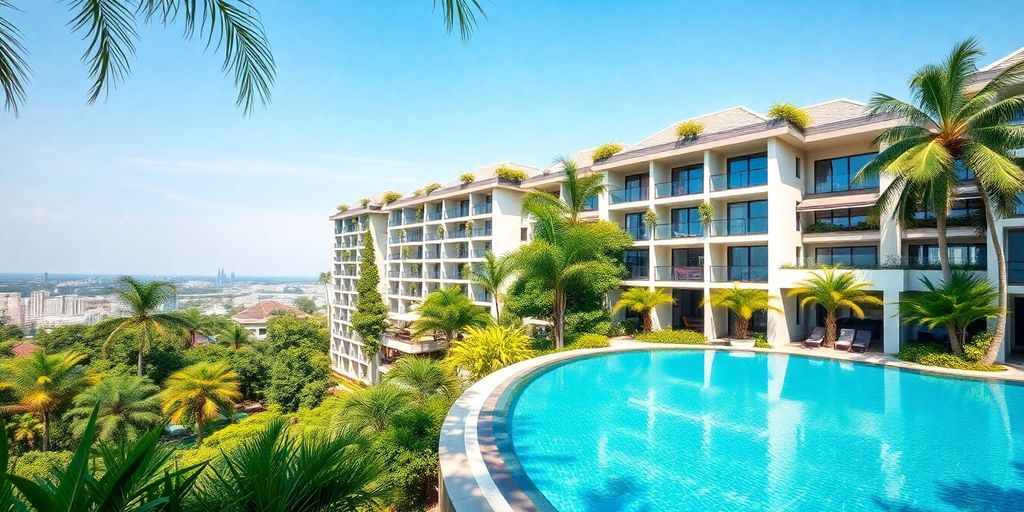 Luxury condominium in Thailand with pool and greenery.