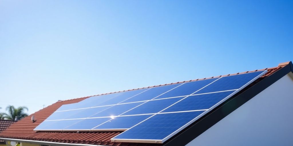 Rooftop solar panels under a clear blue sky.