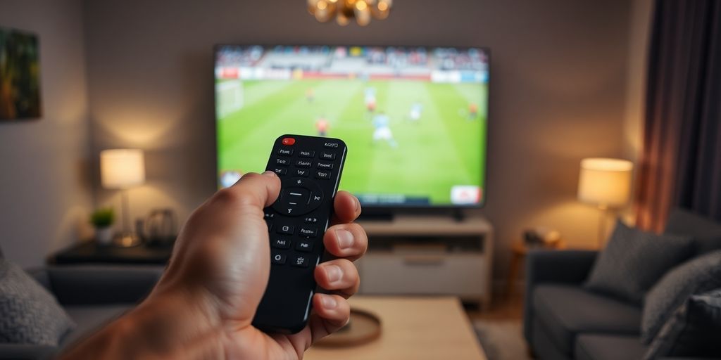 Man watching soccer on TV, remote in hand.