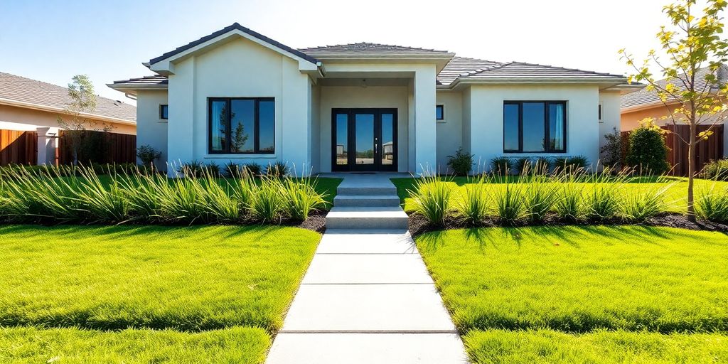 Modern home exterior with manicured lawn