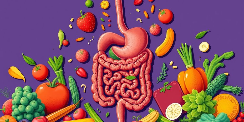 Ilustração do sistema digestivo com alimentos saudáveis