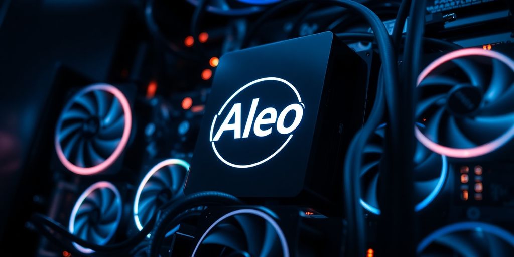 Modern mining rig with glowing gpus in dark setting.