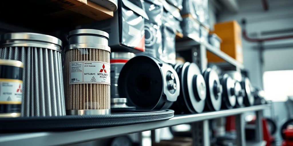 Mitsubishi car parts neatly arranged on a workshop shelf.