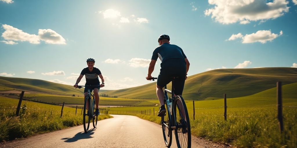 Fietsers op landweg met glooiende heuvels
