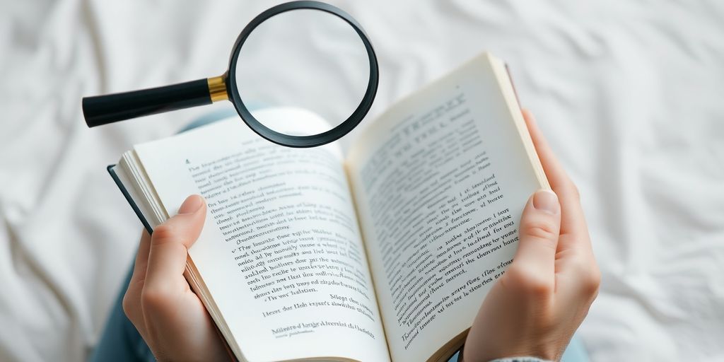 Open book, magnifying glass, simplified content