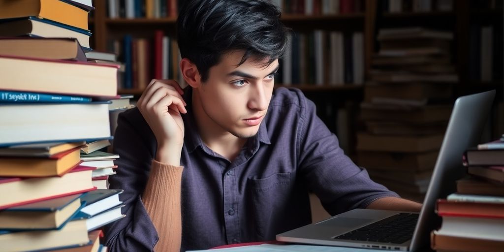 Student researching dissertation topics with books and laptop.