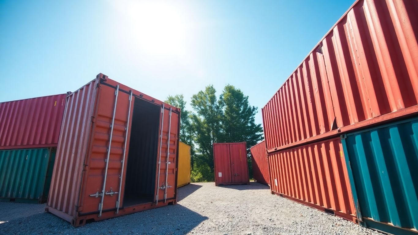 Shipping containers stacked in a sunny yard.