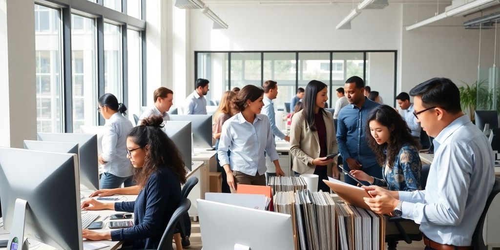 Workers collaborating in a modern office.