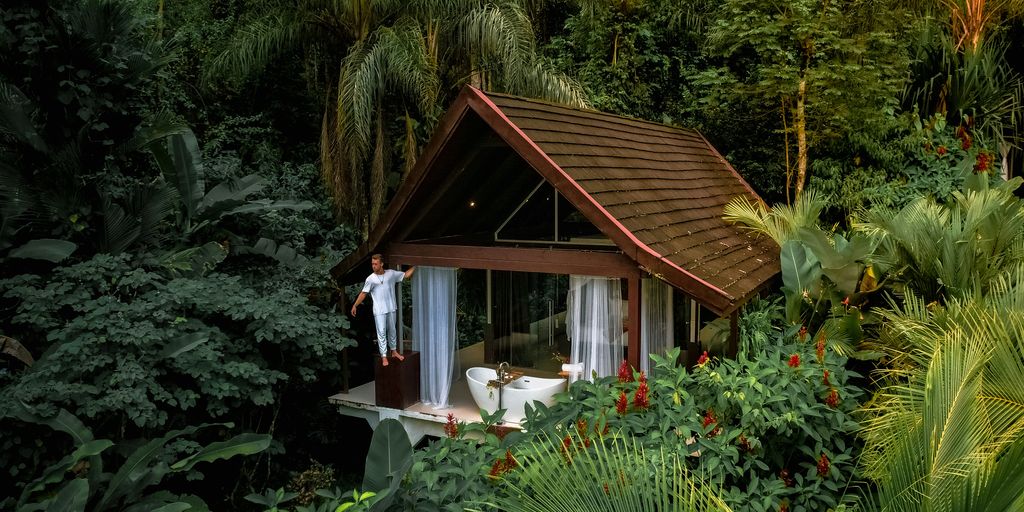 a small house in the middle of a jungle