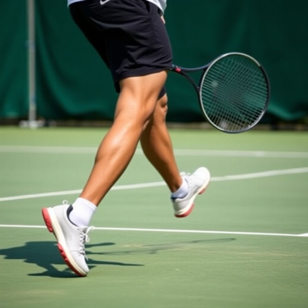 Tennis player's agile feet moving on court.