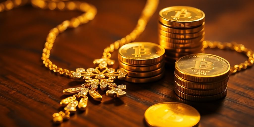 Bijoux en or et pièces de monnaie sur une table.