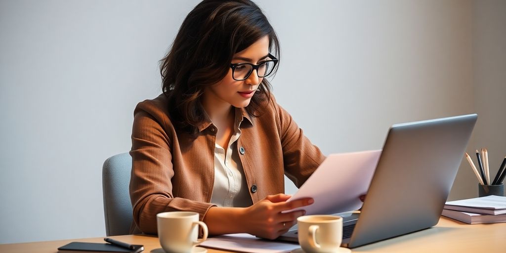 Person proofreading documents at a tidy workspace.
