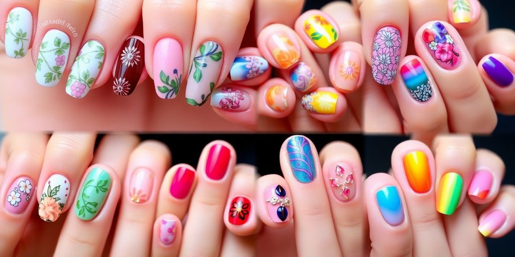 Diversos designs de unhas coloridas e modernas.