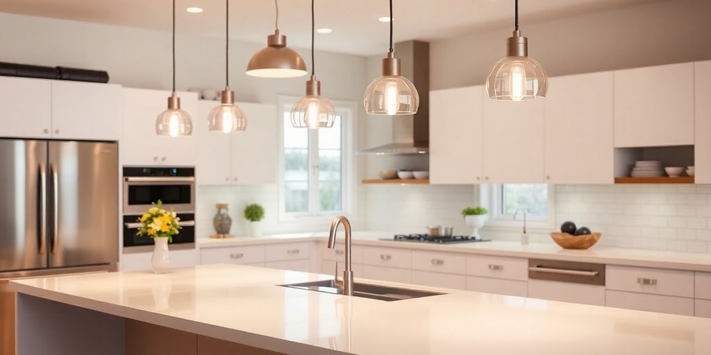Pendant lights illuminate a modern kitchen island.