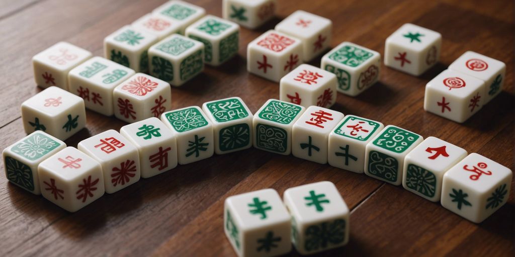 Illustration of different standard Mahjong tile sizes with measurements on a wooden table.