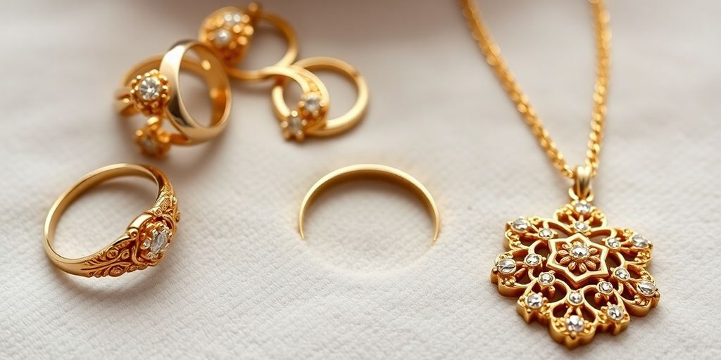Bijoux en or hérités sur un fond en velours.