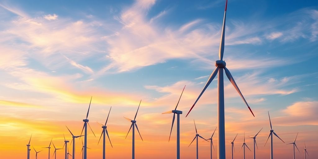 Modern wind turbines against a clear sky.